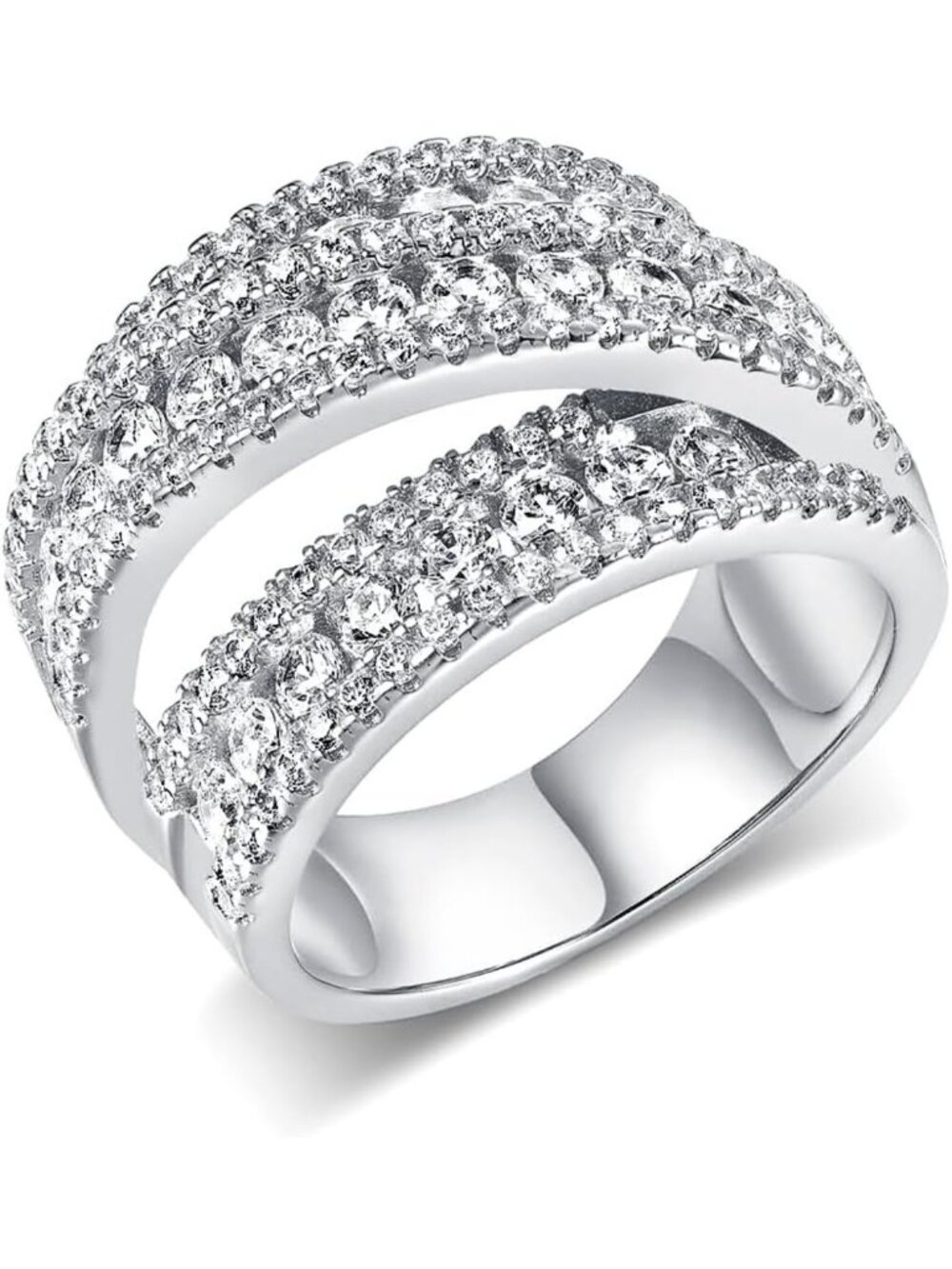 Stunning Halo Eternity Wedding Band, 3 Rows Round Cut CZ Statement Ring